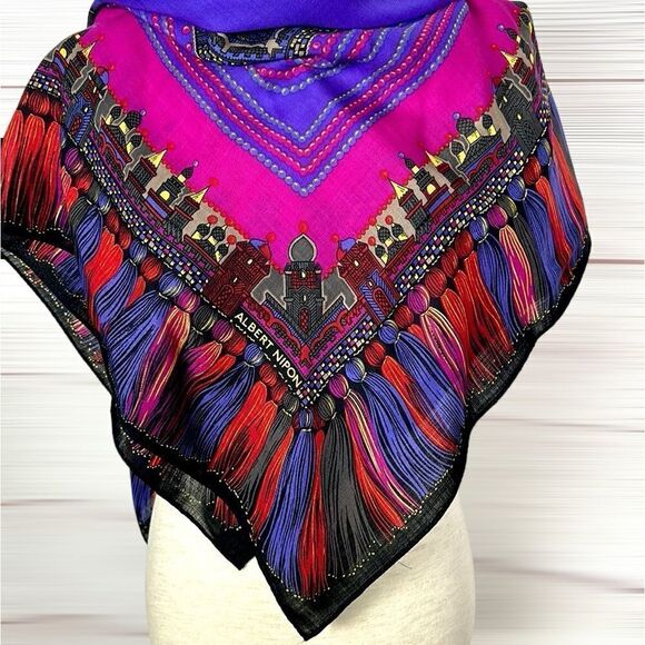 Albert Nipon Wool Square Scarf Purple Multicolor Persian Motifs Excellent 38x38 - Picture 3 of 16